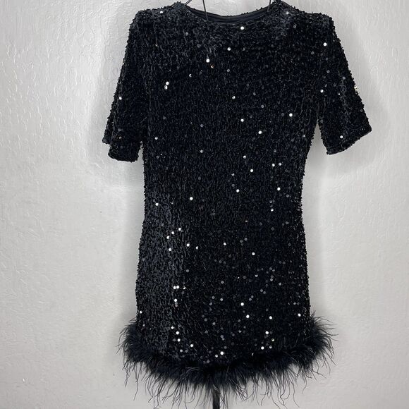 Fashion Nova Christy Black Sequin Feather Trim Mini Dress Women’s Size Medium - Picture 1 of 11